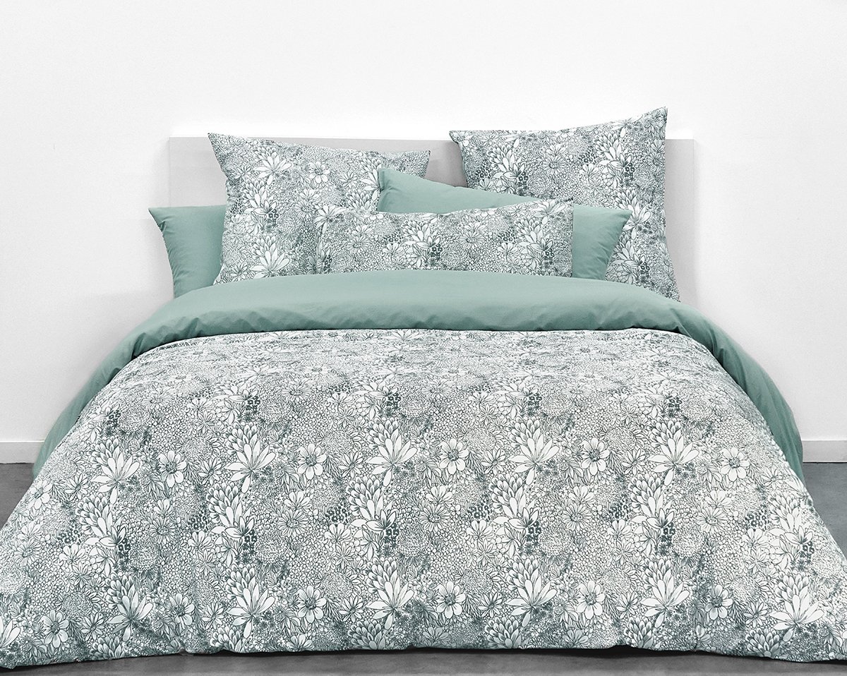 Parure De Lit Finca - Housse De Couette + Taies - Percale Coton 80 Fils - Imprimé Floral Vert Et Rose - 4